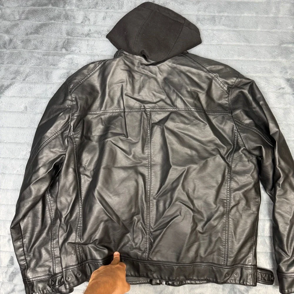 Calvin Klein Mens Faux Leather Hooded Moto Jacket Black Large 6653